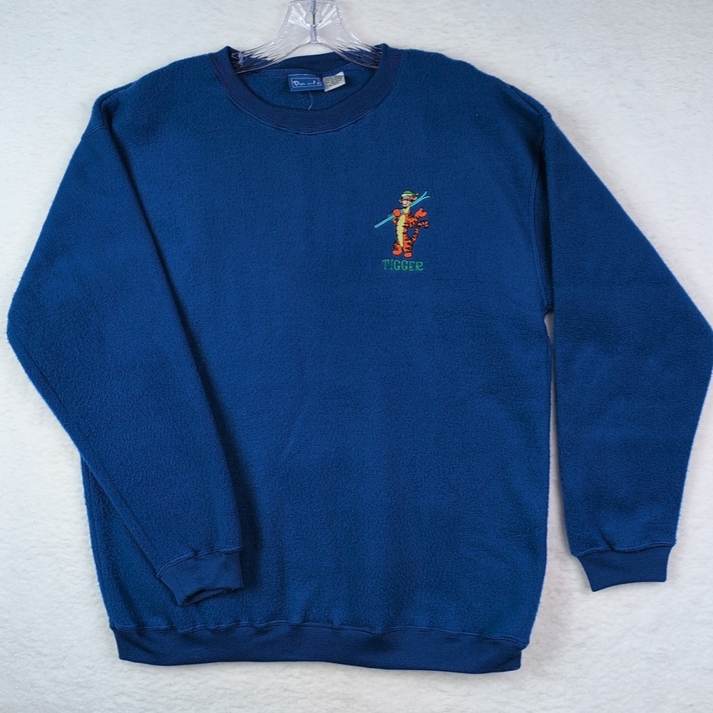 VTG Tigger Fleece Crew Neck Sweatshirt Size Large Blue Skiing Disney Pooh